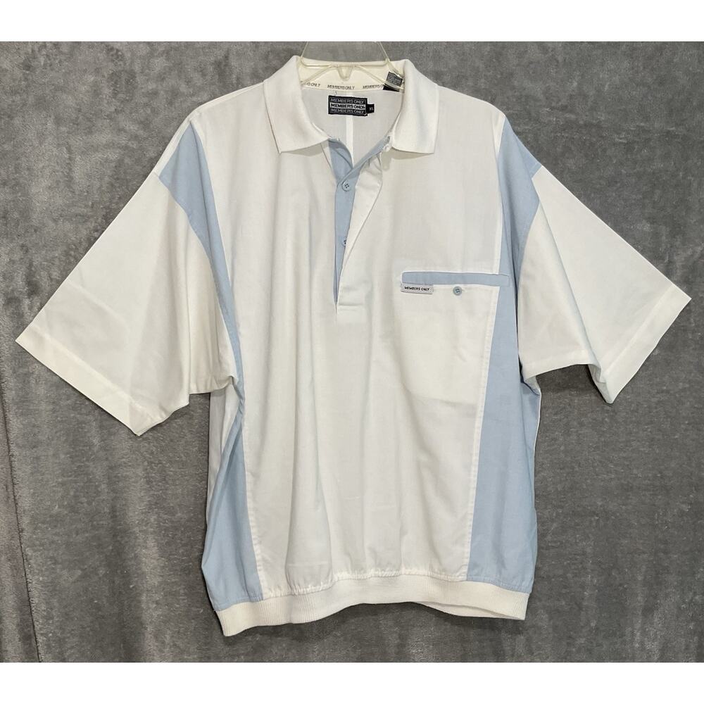 Vintage Members Only Mens XL Blue White Pullover Style Shirt Banded Hem Retro